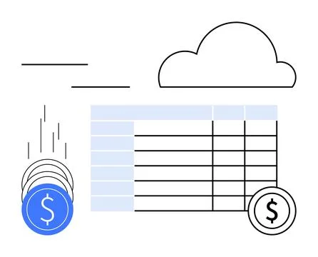 Cloud Storage and Financial Data Management with Coins Falling on a Table Cha Illustrazione stock
