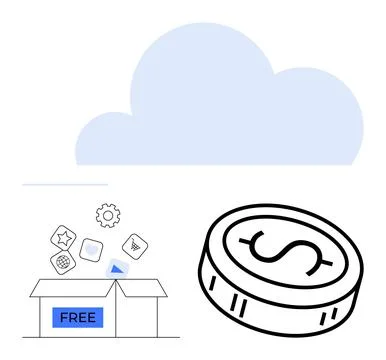 Cloud Storage and Free Box of Digital Icons with Dollar Coin Representation Stock Illustration