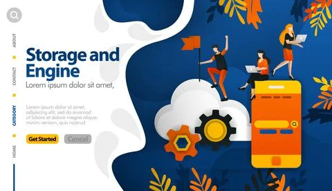 Cloud storage and machines in storage, securing the storage process vector il Stock Illustration