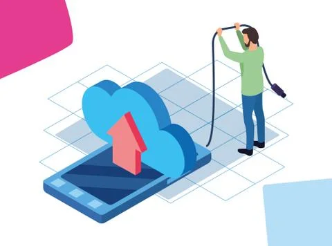 Cloud storage and man with smartphone device over white background, colorful Stockillustratie