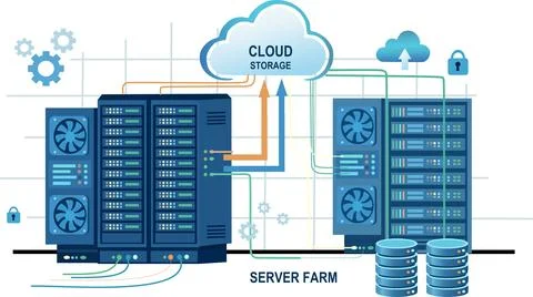 Cloud Storage and Server Farm Infrastructure Vector Illustration 库存插图
