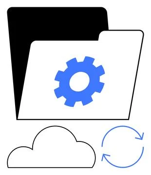 Cloud Storage and Settings Concept with Folder, Gear, Cloud, and Refresh Icon Stock Illustration