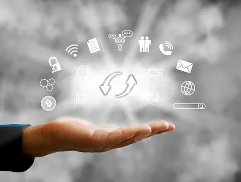 Cloud storage and technology concepts with up and down arrows of information Stockfoto's