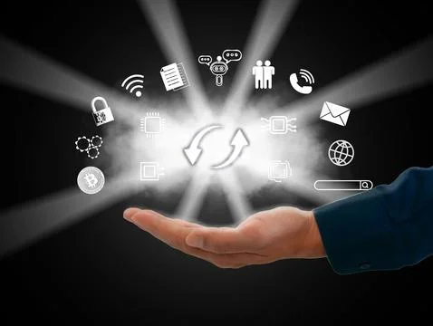 Cloud storage and technology concepts with up and down arrows of information Stock Photos