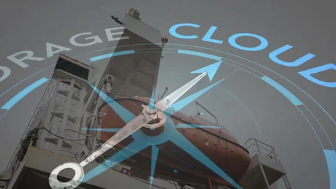 Cloud storage animation over industrial ship with cranes and containers Stock Footage 305431969