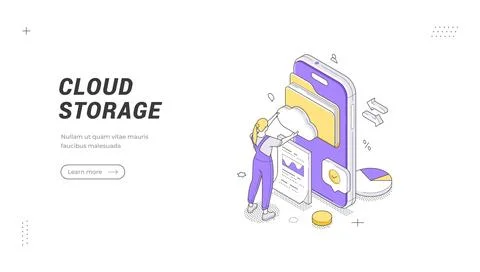 Cloud Storage banner template. Isometric vector illustration of a user managi 스톡 일러스트