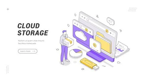 Cloud Storage banner template. Isometric vector illustration shows a man uplo Stock Illustration