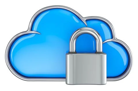 Cloud storage with chain and shield. Security and data protection concept, 3D Stock Illustration