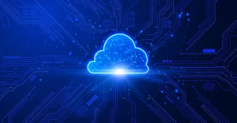 Cloud storage with circuit board, computing connection and database processor Illustrazione stock
