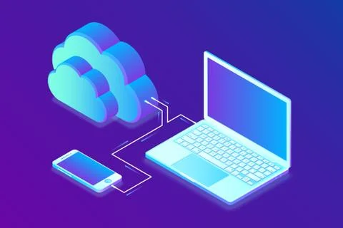 Cloud storage. Cloud Computing Technology Isometric Concept with Laptop and S 스톡 일러스트