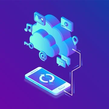Cloud storage. Cloud Computing Technology Isometric Concept with Smartphone I 스톡 일러스트