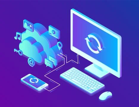 Cloud storage. Cloud Computing Technology Isometric Concept with Computer and Illustrazione stock