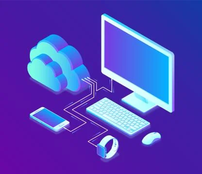 Cloud storage. Cloud Computing Technology Isometric Concept with Computer, Sm Stock Illustration