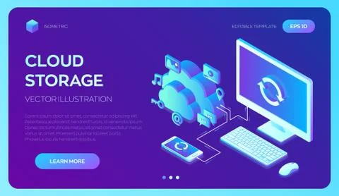 Cloud storage. Cloud Computing Technology Isometric Concept with Computer and Stock Illustration