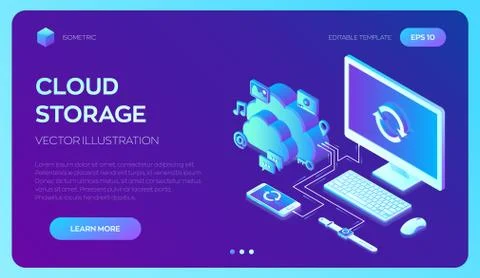 Cloud storage. Cloud Computing Technology Isometric Concept with Computer, Sm 스톡 일러스트