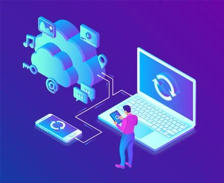 Cloud storage. Cloud Computing Technology Isometric Concept with Laptop and S Illustrazione stock