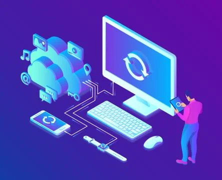 Cloud storage. Cloud Computing Technology Isometric Concept with Computer, Sm Stock Illustration