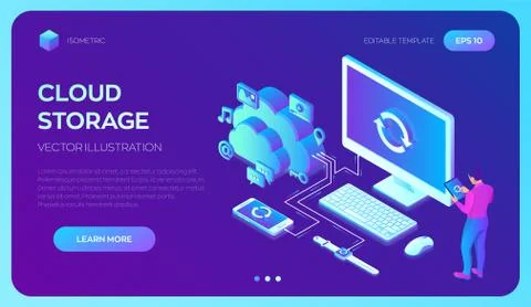 Cloud storage. Cloud Computing Technology Isometric Concept with Computer, Sm Stock Illustration