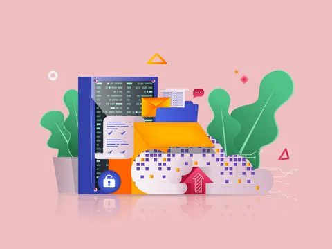 Cloud storage concept 3D illustration. Icon composition with uploading and Stock Illustration