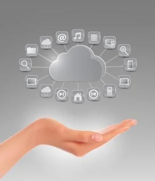 Cloud storage concept background with a hand. vector illustration. Stock Illustration