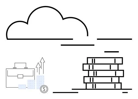 Cloud storage concept with briefcase, data graphs, and stack of books signi.. Stock Illustration