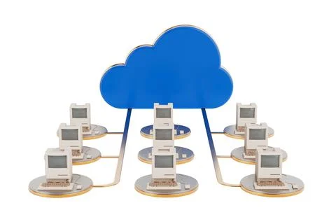 Cloud Storage Concept. Cloud Computing Networking Scene. 3d Rendering Stock Illustration