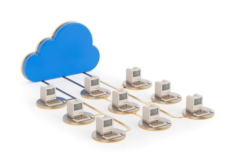 Cloud Storage Concept. Cloud Computing Networking Scene. 3d Rendering Stock Illustration