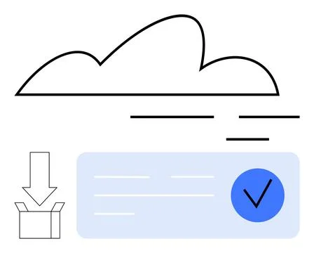 Cloud storage concept with cloud icon, download arrow into a box, and checkmark Stock Illustration