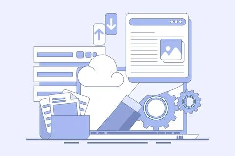 Cloud storage concept, cloud technology. data storage on cloud servers. Illustrazione stock