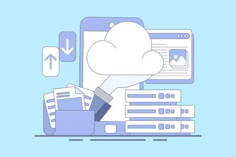 Cloud storage concept, cloud technology. data storage on cloud servers. Illustrazione stock