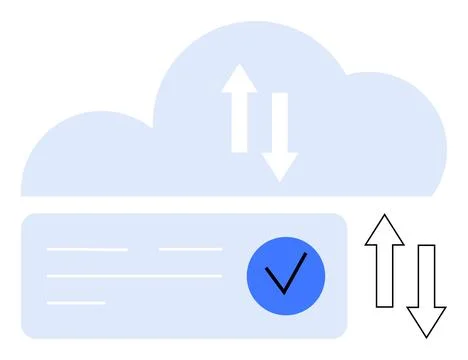 Cloud Storage Concept with Data Transfer Arrows and Checkmark Indicator 스톡 일러스트
