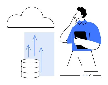 Cloud storage concept with data uploading from server by a person holding a.. 스톡 일러스트