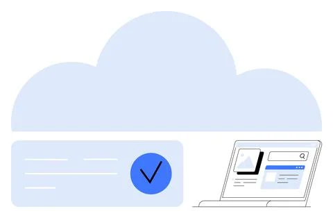 Cloud Storage Concept with Data Verification and Laptop Displaying Search R.. Stock Illustration