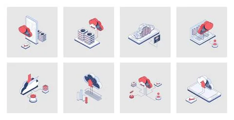 Cloud storage concept of isometric icons in 3d isometry design for web. Upl.. Stock Illustration