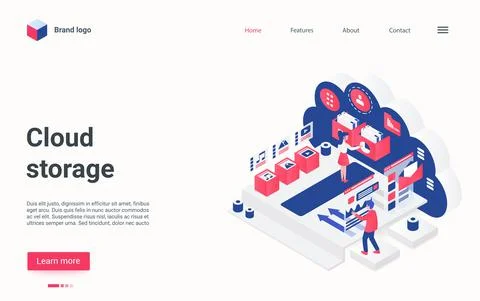 Cloud storage concept isometric landing page, 3d user people upload digital Illustrazione stock