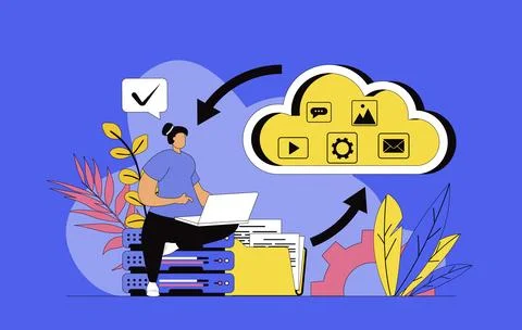Cloud storage concept with modern flat design for web. Woman transfers conten Stock Illustration