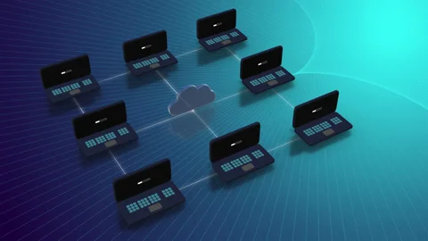 Cloud storage concept. Multiple laptops connected to one cloud storage over blue 動画素材 130338397