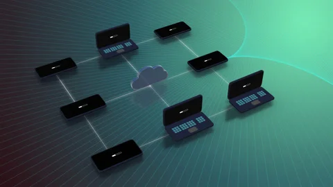 Cloud storage concept. Multiple laptops connected to one cloud storage over blue 動画素材 130344177