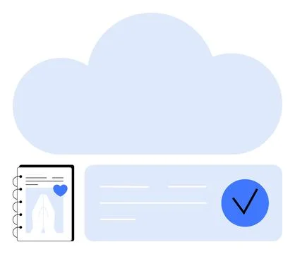 Cloud Storage Concept with Notebook, Document, and Checkmark for Data Secur.. Illustrazione stock