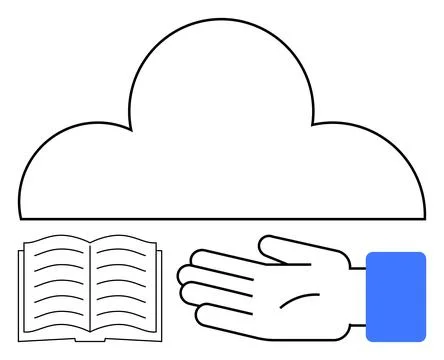 Cloud storage concept with an open book and a hand representing data sharin.. Stockillustratie