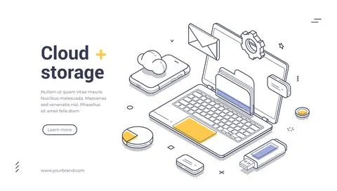 Cloud storage concept. Web banner features an isometric design showcasing a l Stock Illustration