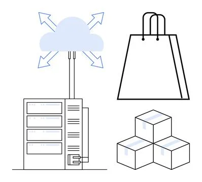 Cloud storage connected to server distributing data, shopping bag representin Stock Illustration