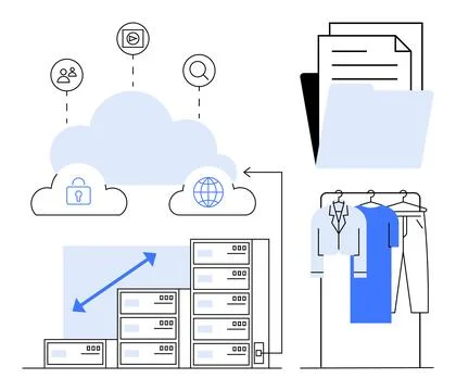 Cloud storage connected to servers with upward trend arrow, documents, and cl Stockillustratie
