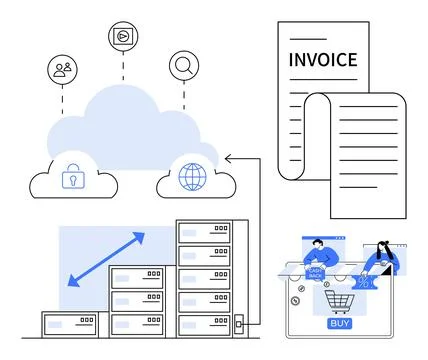 Cloud storage connected to user, email, and search icons, servers with upward Stock Illustration
