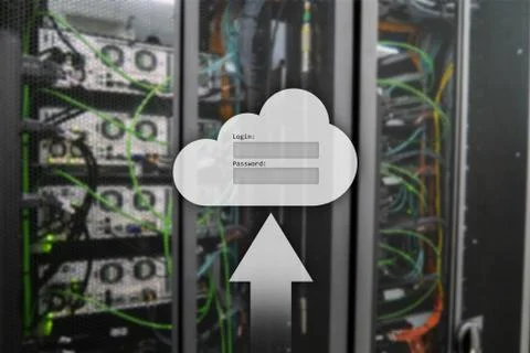 Cloud storage, data access, login and password request window on server room  Stock Illustration