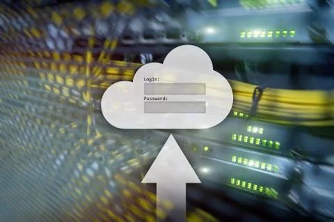 Cloud storage, data access, login and password request window on server room  Stock Illustration