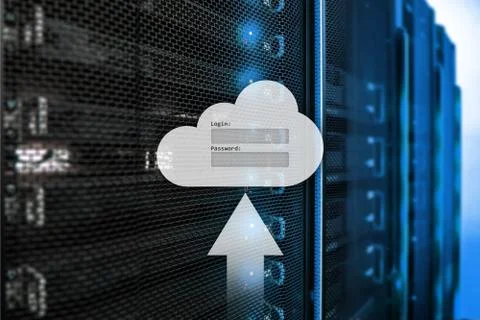 Cloud storage, data access, login and password request window on server room  Stock Illustration