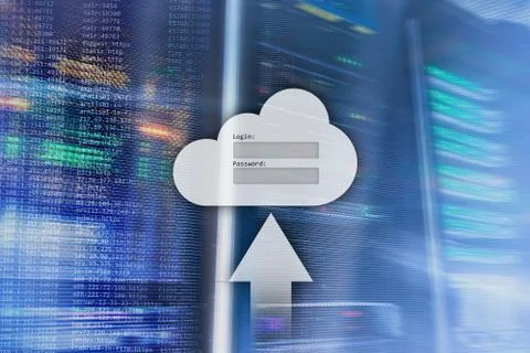 Cloud storage, data access, login and password request window on server room  Stock Illustration