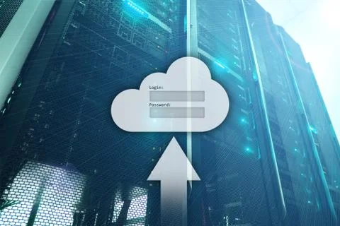 Cloud storage, data access, login and password request window on server room  Stock Illustration