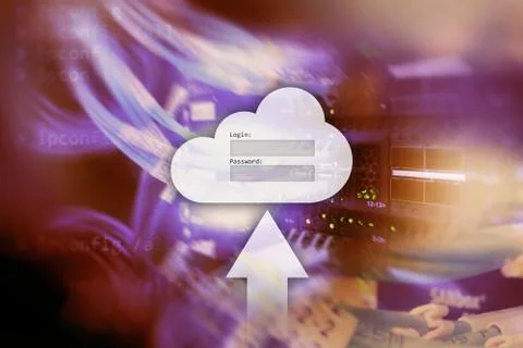 Cloud storage, data access, login and password request window on server room  Stock Illustration
